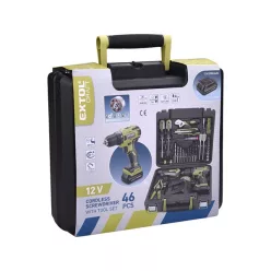  akkus fúrócsavarozó, 12V, Li-ion, szénkefe mentes, 1db 2000 mAh akku + 46 db szerszámkészlet