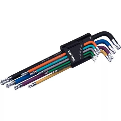 torx kulcs klt., 9db, több színű, extra hosszú, T10-T50, hosszú szár: tömör/gömbfej, rövid szár: lyukas, S2, krómozott