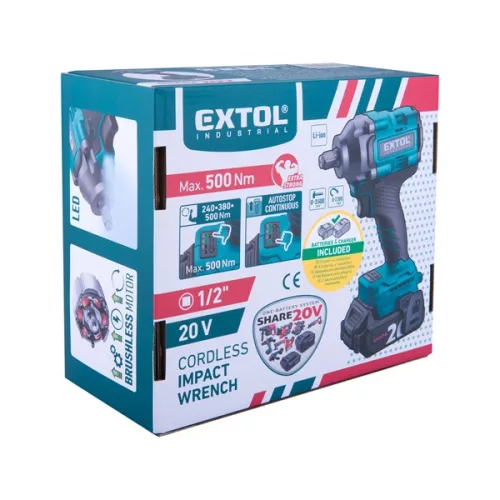 akkus ütvecsavarozó, Share20V, 1/2" szénkefe mentes, négyszög, Li-ion; 20V akku: 2Ah, töltő, 500 Nm