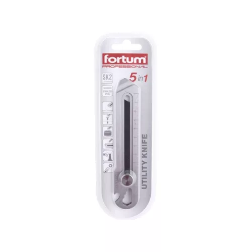 tapétavágó kés, rozsdamentes acél fémház, 5 funkciós, tripla vágóéllel; 18mm, csavaros rögzítés, FORTUM