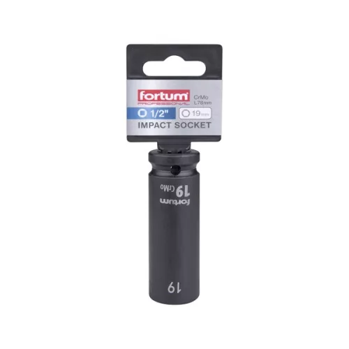 gépi (impakt) dugófej 1/2", 19 mm, L 78 mm, feketített, FORTUM