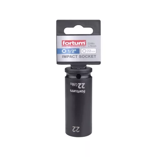 gépi (impakt) dugófej 1/2", 22 mm, L 78 mm, feketített, FORTUM