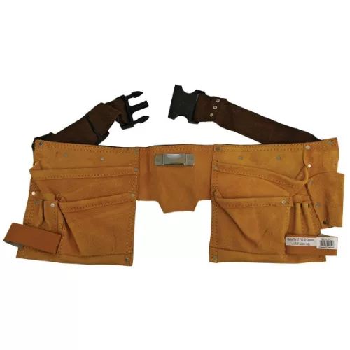 szerszámtartó öv, sok zsebes, hasított bőr; műanyag csattal