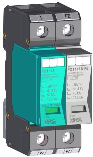 KIWA túlfeszültség levezető PO I 1+1 280V túlfeszültség levezető 12,5kA T1+T2 (B+C) cikkszám:  81.009