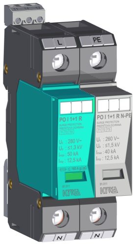 KIWA túlfeszültség levezető PO I 1+1 R 280V túlfeszültség levezető távjelzős 12,5kA T1+T2 (B+C) cikkszám:  81.011