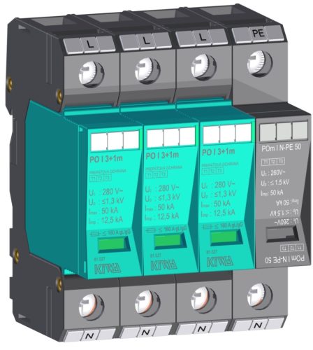 KIWA túlfeszültség levezető PO I 3+1 m 280V túlfeszültség levezető 12,5kA T1+T2 (B+C) cikkszám:  81.027