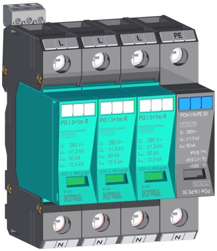 KIWA túlfeszültség levezető PO I 3+1m R 280V túlfeszültség levezető távjelzős 12,5kA T1+T2 (B+C) cikkszám:  81.028