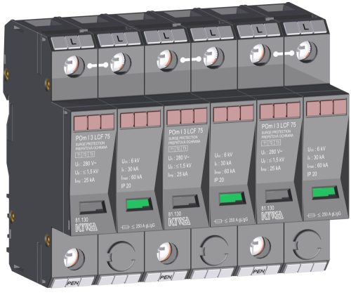 KIWA túlfeszültség levezető POm I 3 LCF 75  túlfeszültség levezető szikraköz+varisztor 25kA T1+T2  (B+C) cikkszám:  81.130