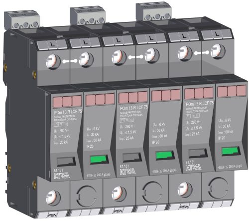 KIWA túlfeszültség levezető POm I 3 R LCF 75  túlfeszültség levezető szikraköz+varisztor 25kA T1+T2  (B+C) cikkszám:  81.131