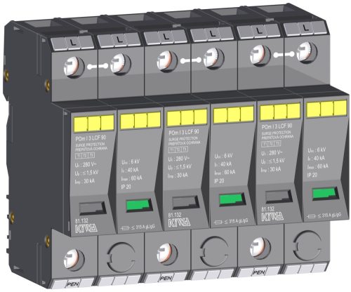 KIWA túlfeszültség levezető POm I 3 LCF 90  túlfeszültség levezető szikraköz+varisztor 30kA T1+T2 (B+C) cikkszám:  81.132
