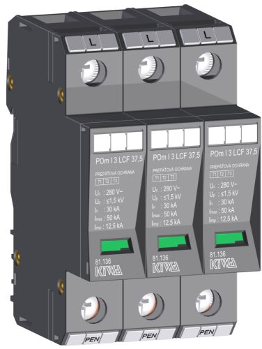 KIWA túlfeszültség levezető POm I 3 LCF 37,5  túlfeszültség levezető szikraköz+varisztor 12,5kA T1+T2 cikkszám:  81.136