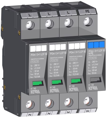 KIWA túlfeszültség levezető POm I 3+1 LCF 50 szikraköz+varisztor túlfeszültség levezető 12,5kA T1+T2 (B+C) cikkszám:  81.140