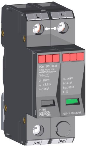 KIWA túlfeszültség levezető POm I LCF BD 38 szikraköz+varisztor túlfeszültség levezető 38kA T1+T2 (B+C) cikkszám:  81.156