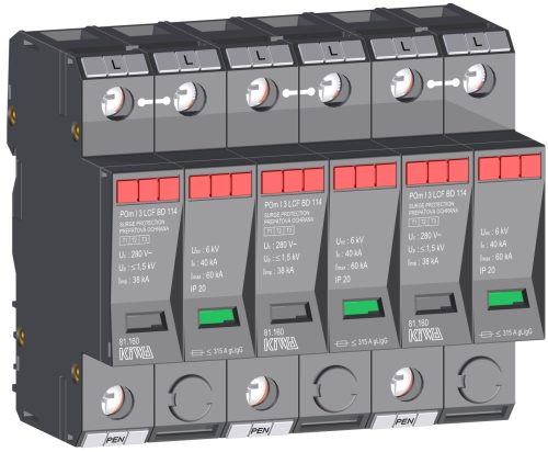 KIWA túlfeszültség levezető POm I 3 LCF BD 114 szikraköz+varisztor túlfeszültség levezető 38kA T1+T2 (B+C) cikkszám:  81.160