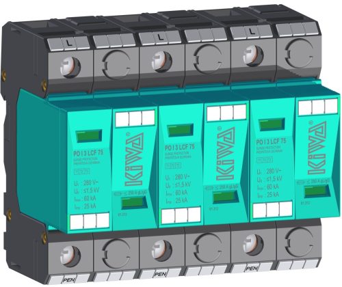 KIWA túlfeszültség levezető PO I 3 LCF 75  túlfeszültség levezető szikraköz+varisztor 25kA T1+T2 (B+C) cikkszám:  81.312