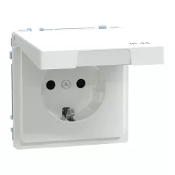   MERTEN 2P+F csatlakozóaljzat, biztonsági zsaluval, csapófedéllel, rugós, 16A, IP44, System-D, lótuszfehér