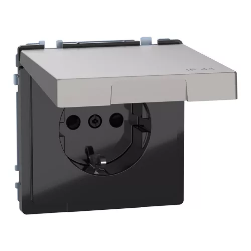 MERTEN 2P+F csatlakozóaljzat, biztonsági zsaluval, csapófedéllel, rugós, 16A, IP44, System-D, nikkel