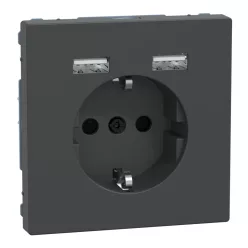  MERTEN 2P+F aljzat, biztonsági zsaluval, A+A USB töltővel, rugós, 16A / 2.4A, System-D, antracit