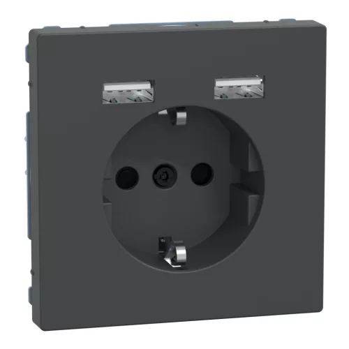 MERTEN 2P+F aljzat, biztonsági zsaluval, A+A USB töltővel, rugós, 16A / 2.4A, System-D, antracit
