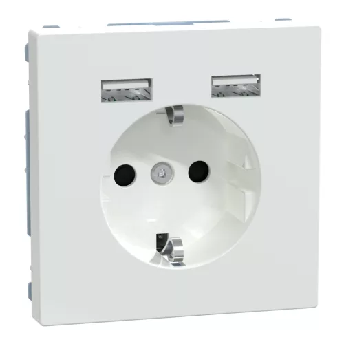 MERTEN 2P+F aljzat, biztonsági zsaluval, A+A USB töltővel, rugós, 16A / 2.4A, System-D, lótuszfehér