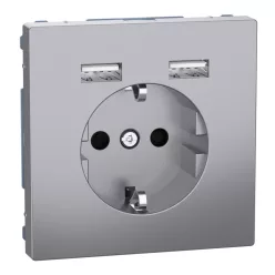   MERTEN 2P+F aljzat, biztonsági zsaluval, A+A USB töltővel, rugós, 16A / 2.4A, System-D, acél