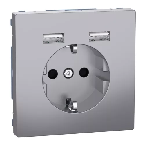 MERTEN 2P+F aljzat, biztonsági zsaluval, A+A USB töltővel, rugós, 16A / 2.4A, System-D, acél