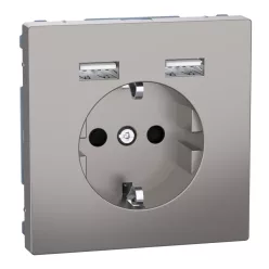   MERTEN 2P+F aljzat, biztonsági zsaluval, A+A USB töltővel, rugós, 16A / 2.4A, System-D, nikkel