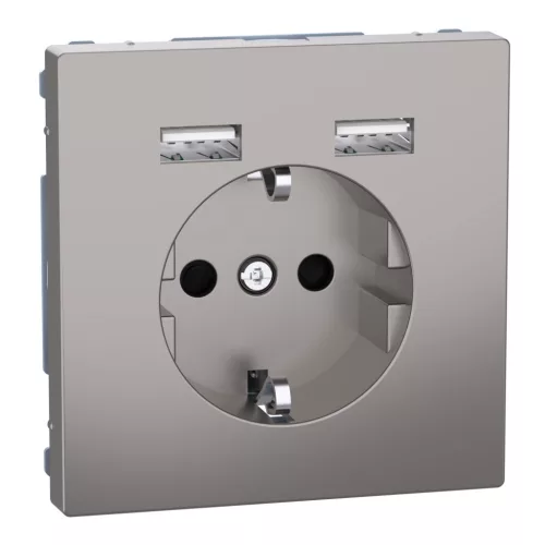 MERTEN 2P+F aljzat, biztonsági zsaluval, A+A USB töltővel, rugós, 16A / 2.4A, System-D, nikkel