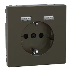   MERTEN 2P+F aljzat, biztonsági zsaluval, A+A USB töltővel, rugós, 16A / 2.4A, System-D, mokka