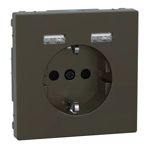 MERTEN 2P+F aljzat, biztonsági zsaluval, A+A USB töltővel, rugós, 16A / 2.4A, System-D, mokka