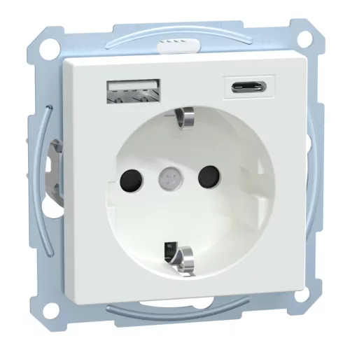 MERTEN 2P+F aljzat, biztonsági zsaluval, A+C USB töltővel, rugós, 16A / 3A, System-M, aktívfehér