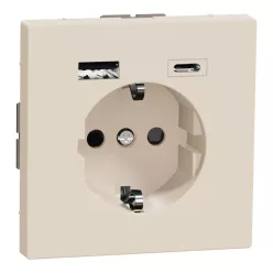   MERTEN 2P+F aljzat, biztonsági zsaluval, A+C USB töltővel, rugós, 16A / 3A, System-D, szahara