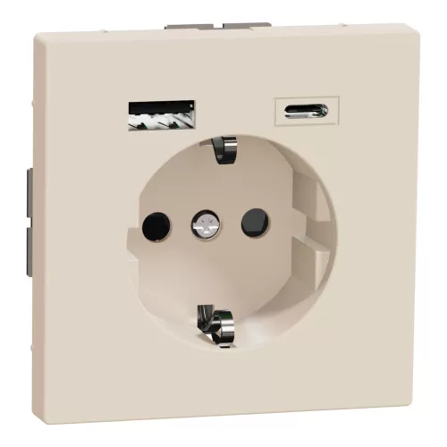 MERTEN 2P+F aljzat, biztonsági zsaluval, A+C USB töltővel, rugós, 16A / 3A, System-D, szahara