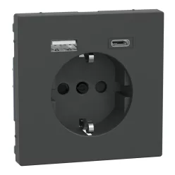   MERTEN 2P+F aljzat, biztonsági zsaluval, A+C USB töltővel, rugós, 16A / 3A, System-D, antracit