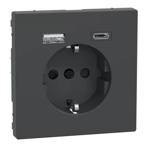 MERTEN 2P+F aljzat, biztonsági zsaluval, A+C USB töltővel, rugós, 16A / 3A, System-D, antracit