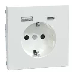   MERTEN 2P+F aljzat, biztonsági zsaluval, A+C USB töltővel, rugós, 16A / 3A, System-D, lótuszfehér