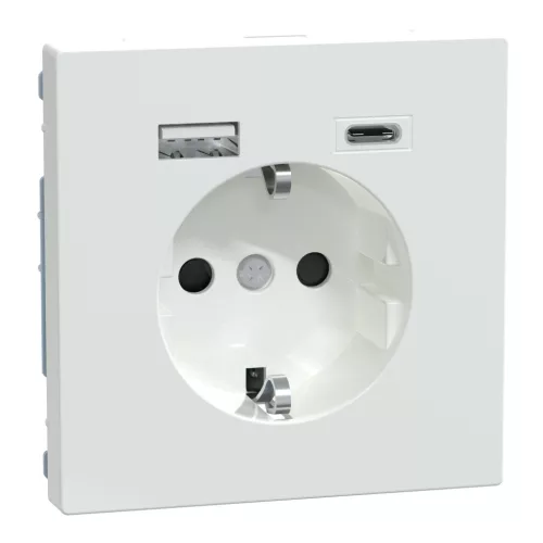 MERTEN 2P+F aljzat, biztonsági zsaluval, A+C USB töltővel, rugós, 16A / 3A, System-D, lótuszfehér