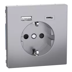   MERTEN 2P+F aljzat, biztonsági zsaluval, A+C USB töltővel, rugós, 16A / 3A, System-D, acél