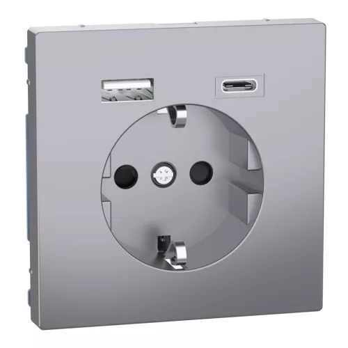 MERTEN 2P+F aljzat, biztonsági zsaluval, A+C USB töltővel, rugós, 16A / 3A, System-D, acél