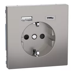   MERTEN 2P+F aljzat, biztonsági zsaluval, A+C USB töltővel, rugós, 16A / 3A, System-D, nikkel
