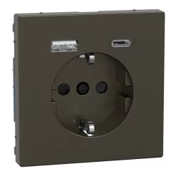   MERTEN 2P+F aljzat, biztonsági zsaluval, A+C USB töltővel, rugós, 16A / 3A, System-D, mokka