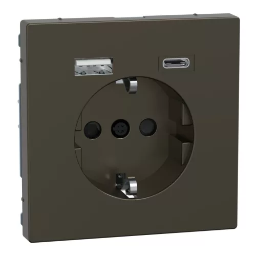 MERTEN 2P+F aljzat, biztonsági zsaluval, A+C USB töltővel, rugós, 16A / 3A, System-D, mokka