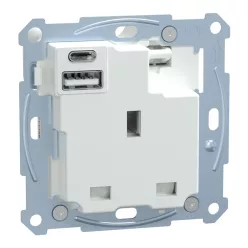   MERTEN Brit 2P+F aljzat, biztonsági zsaluval, A+C USB töltővel, kapcsolóval, csavaros, 13A / 3A