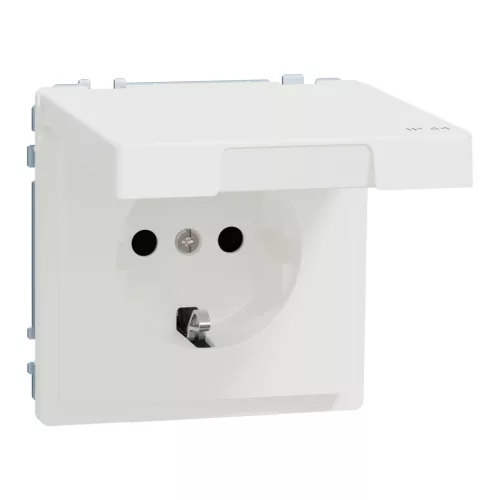 MERTEN 2P+F csatlakozóaljzat, biztonsági zsaluval, csapófedéllel, rugós, 16A, IP44, System-D, mattfehér