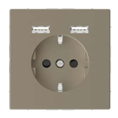 MERTEN 2P+F aljzat, biztonsági zsaluval, A+A USB töltővel, rugós, 16A / 2.4A, System-D, szahara