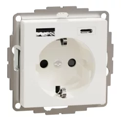   MERTEN 2P+F aljzat, biztonsági zsaluval, A+C USB töltővel, rugós, 16A / 3A, System-M, polárfehér