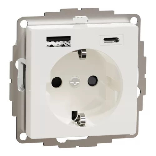 MERTEN 2P+F aljzat, biztonsági zsaluval, A+C USB töltővel, rugós, 16A / 3A, System-M, polárfehér