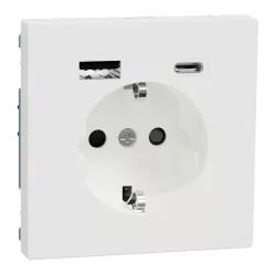   MERTEN 2P+F aljzat, biztonsági zsaluval, A+C USB töltővel, rugós, 16A / 3A, System-D, mattfehér