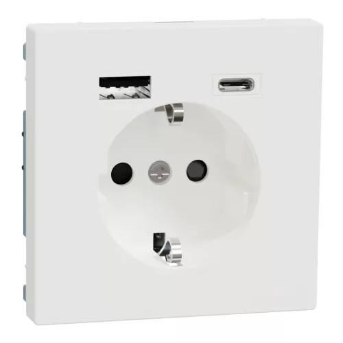 MERTEN 2P+F aljzat, biztonsági zsaluval, A+C USB töltővel, rugós, 16A / 3A, System-D, mattfehér