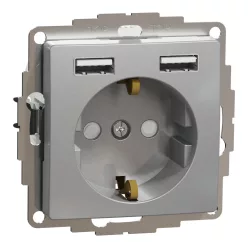   Schneider SEDNA 2p+f csatlakozóaljzat, BZS, kettős USB töltővel, rugós, 16A/2.4A, alumínium